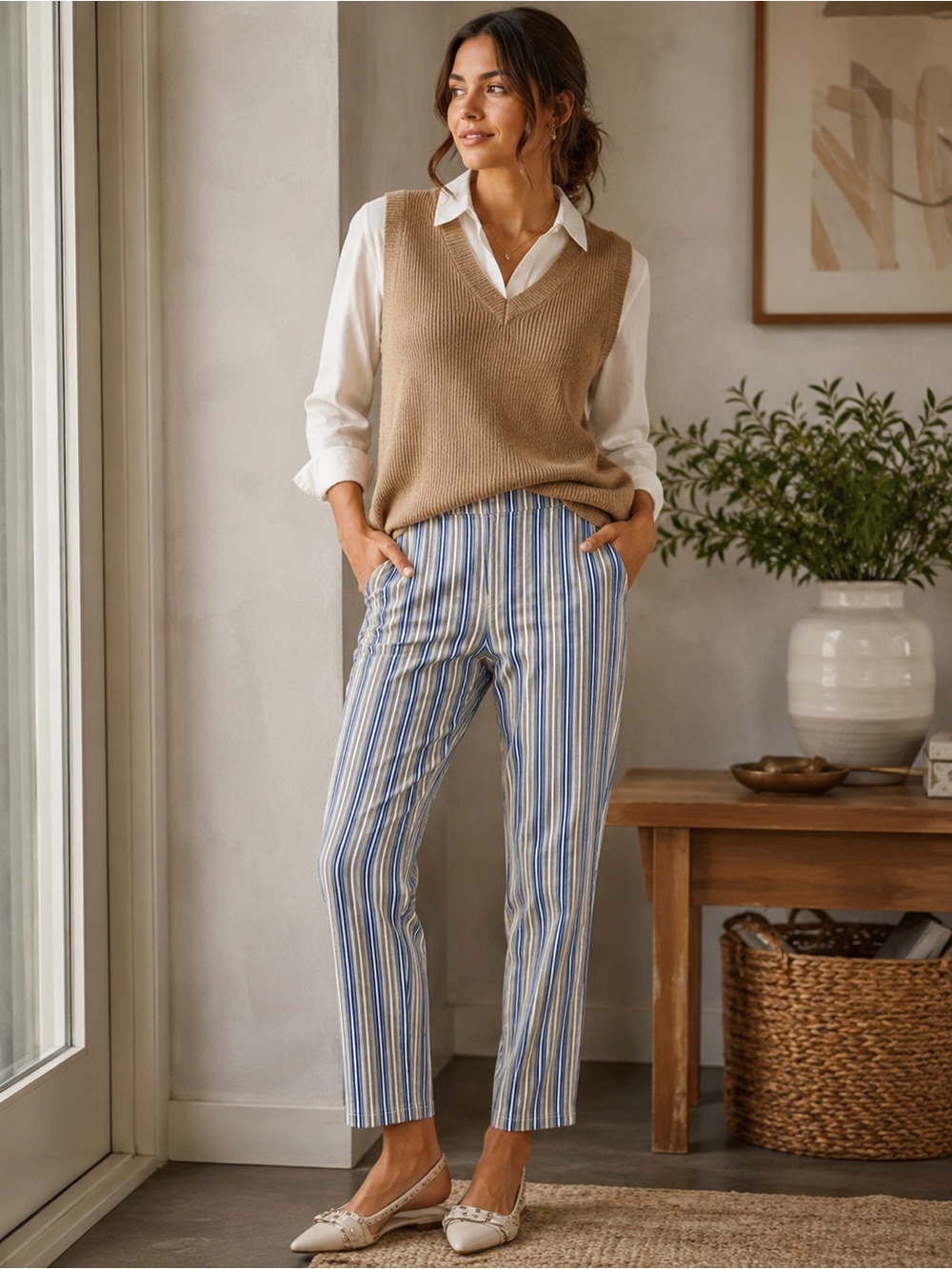Needle & Cloth -Striped Blue, Tan & Gray Women’s Slim Ankle Pants NWOT